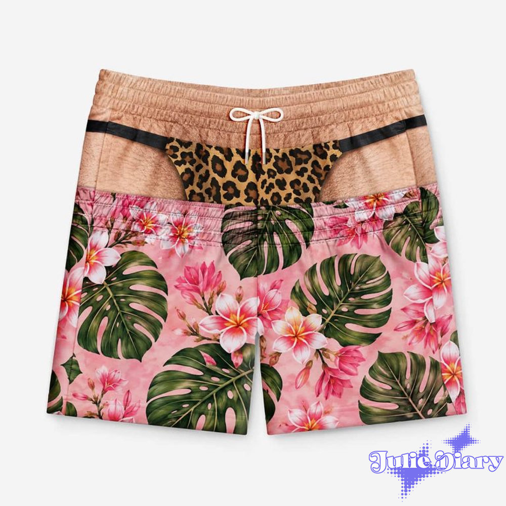 3D Illusion Leopard Thong Pink Floral Board Shorts 3D Illusion Leopard Thong Pink Floral Board Shorts