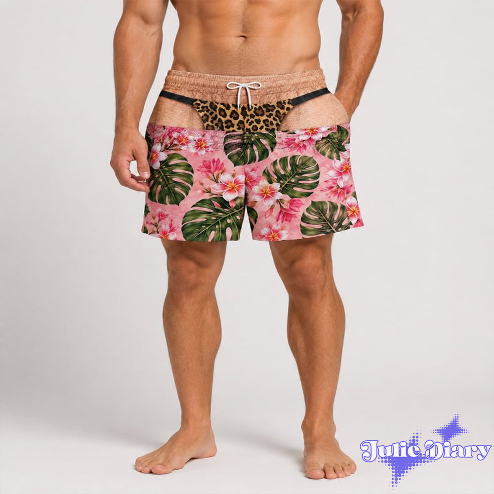 3D Illusion Leopard Thong Pink Floral Board Shorts 3D Illusion Leopard Thong Pink Floral Board Shorts