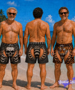 Animal Face Cutout Swim Trunks – Funny Beast Print Open Back Beach Shorts