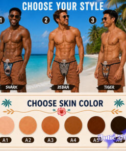 Animal Face Thong Swim Trunks – Funny Shark Zebra Tiger Print Beach Shorts