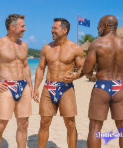 Australian Flag Thong Illusion Swim Trunks – Funny Body Print Beach Shorts Australian Flag Thong Illusion Swim Trunks – Funny Body Print Beach Shorts