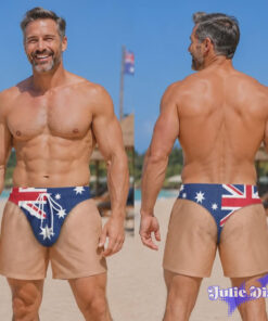 Australian Flag Thong Illusion Swim Trunks – Funny Body Print Beach Shorts
