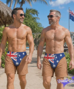 Australian Flag Thong Illusion Swim Trunks – Funny Body Print Beach Shorts