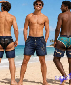 Denim Jockstrap Swim Trunks – Funny Open Back Jean Print Beach Shorts Denim Jockstrap Swim Trunks – Funny Open Back Jean Print Beach Shorts