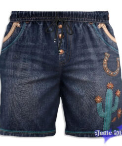 Denim Jockstrap Swim Trunks – Funny Open Back Jean Print Beach Shorts