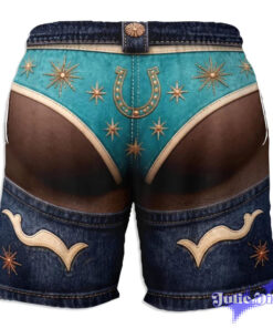 Denim Jockstrap Swim Trunks – Funny Open Back Jean Print Beach Shorts