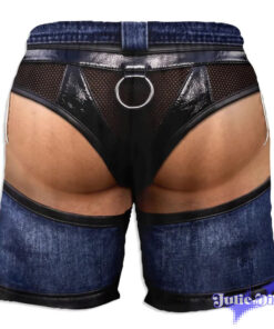 Denim Jockstrap Swim Trunks – Funny Open Back Jean Print Beach Shorts