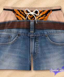 Denim Thong Illusion Swim Trunks – Funny Jean & Underwear Print Beach Shorts