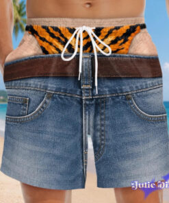 Denim Thong Illusion Swim Trunks – Funny Jean & Underwear Print Beach Shorts