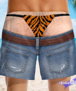Denim Thong Illusion Swim Trunks – Funny Jean & Underwear Print Beach Shorts