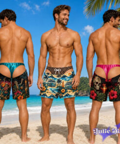 Metallic Thong Illusion Swim Trunks – Funny Shiny Underwear Print Beach Shorts Metallic Thong Illusion Swim Trunks – Funny Shiny Underwear Print Beach Shorts