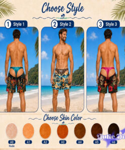 Metallic Thong Illusion Swim Trunks – Funny Shiny Underwear Print Beach Shorts