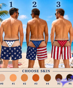 Patriotic Thong Illusion Swim Trunks – Funny American Flag Beach Shorts
