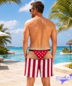 Patriotic Thong Illusion Swim Trunks – Funny American Flag Beach Shorts
