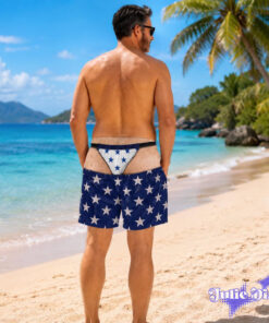 Patriotic Thong Illusion Swim Trunks – Funny American Flag Beach Shorts