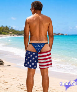 Patriotic Thong Illusion Swim Trunks – Funny American Flag Beach Shorts