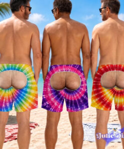 Rainbow Tie Dye Illusion Swim Trunks – Funny Bare Butt Cutout Beach Shorts Rainbow Tie Dye Illusion Swim Trunks – Funny Bare Butt Cutout Beach Shorts