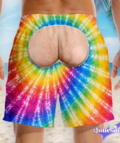 Rainbow Tie Dye Illusion Swim Trunks – Funny Bare Butt Cutout Beach Shorts