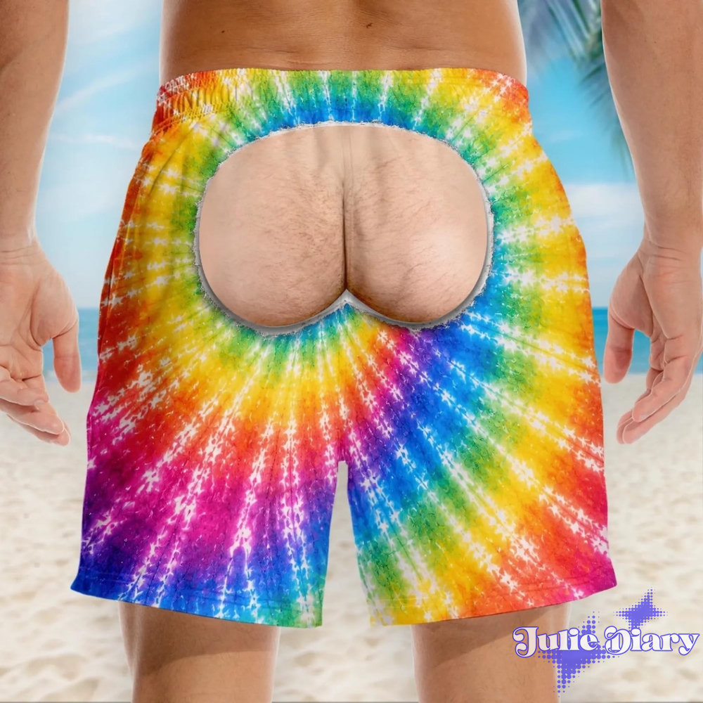 Rainbow Tie Dye Illusion Swim Trunks – Funny Bare Butt Cutout Beach Shorts Rainbow Tie Dye Illusion Swim Trunks – Funny Bare Butt Cutout Beach Shorts