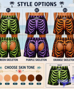 Skeleton Ribcage Swim Trunks – Funny Bone Print Open Back Beach Shorts