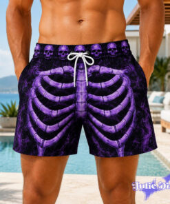Skeleton Ribcage Swim Trunks – Funny Bone Print Open Back Beach Shorts