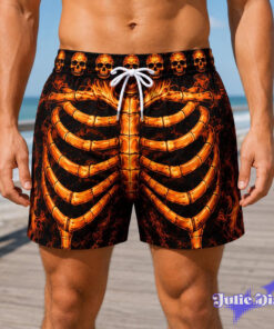 Skeleton Ribcage Swim Trunks – Funny Bone Print Open Back Beach Shorts