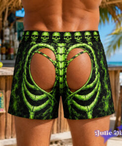 Skeleton Ribcage Swim Trunks – Funny Bone Print Open Back Beach Shorts