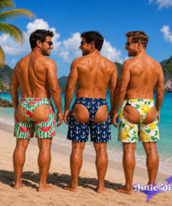Summer Fruit Open Back Swim Trunks – Funny Bare Butt Cutout Beach Shorts Summer Fruit Open Back Swim Trunks – Funny Bare Butt Cutout Beach Shorts