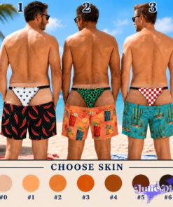 Tiki Thong Illusion Swim Trunks – Funny Party Print Beach Shorts