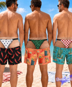 Tiki Thong Illusion Swim Trunks – Funny Party Print Beach Shorts