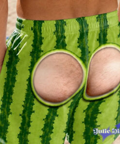 Tropical Thong Illusion Swim Trunks – Funny Bare Butt Cutout Beach Shorts
