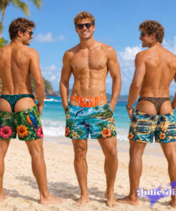 Tropical Thong Illusion Swim Trunks – Funny Hawaiian Print Beach Shorts Tropical Thong Illusion Swim Trunks – Funny Hawaiian Print Beach Shorts