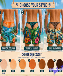 Tropical Thong Illusion Swim Trunks – Funny Hawaiian Print Beach Shorts