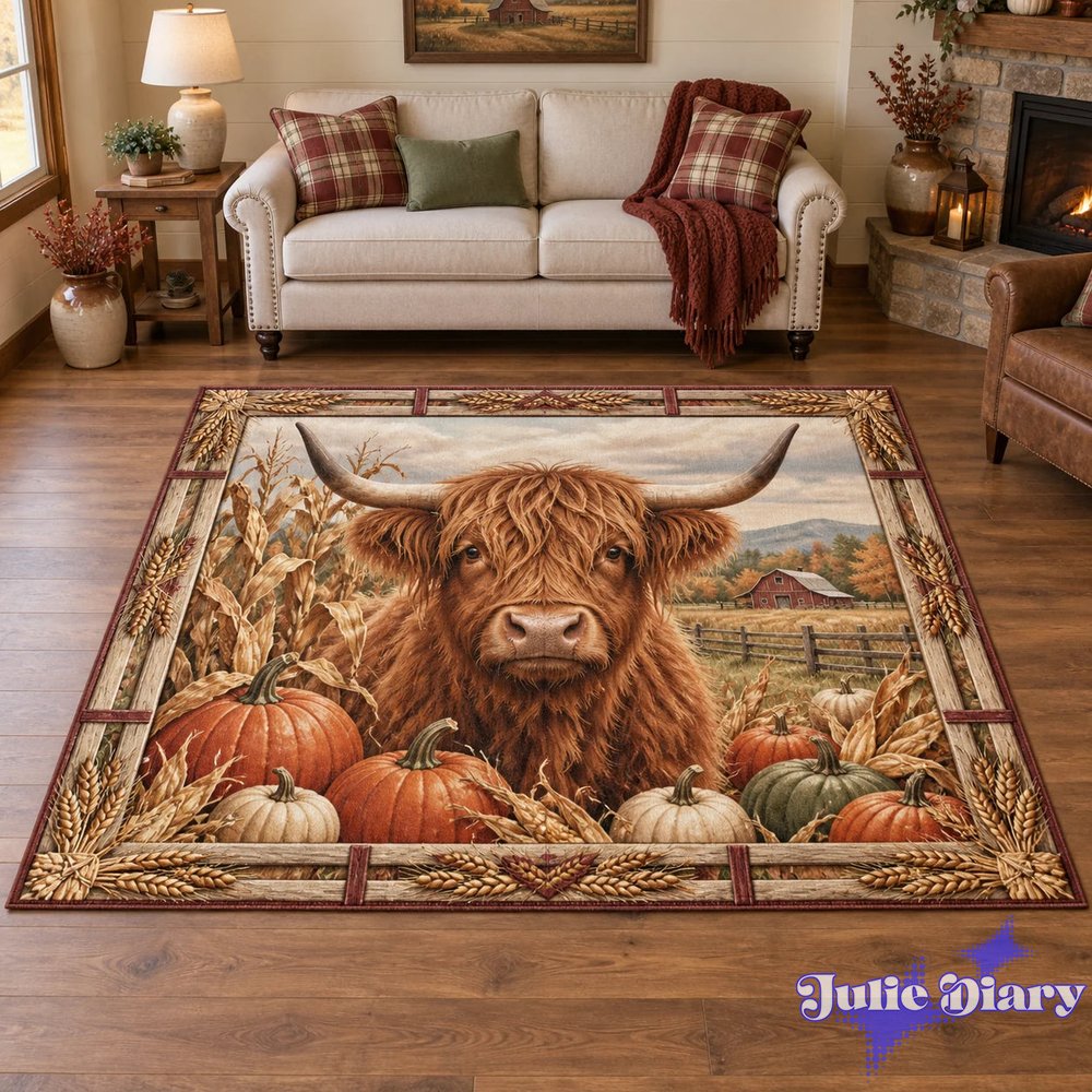 Highland Cow Pumpkin Harvest Rug Highland Cow Pumpkin Harvest Rug